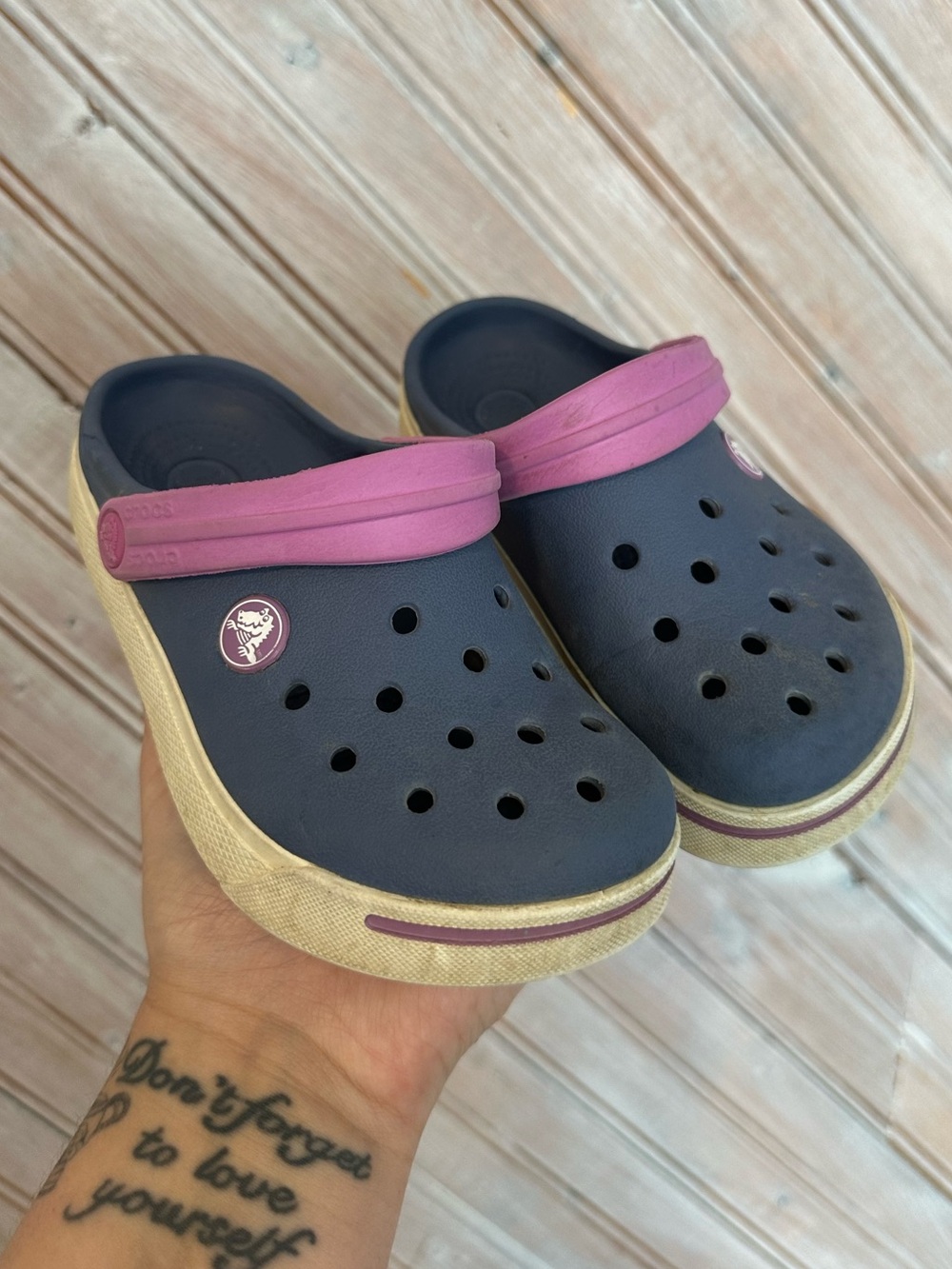 CROCS Kids Navy Clog Purple Strap Vented Slip In Sandals Watershoes